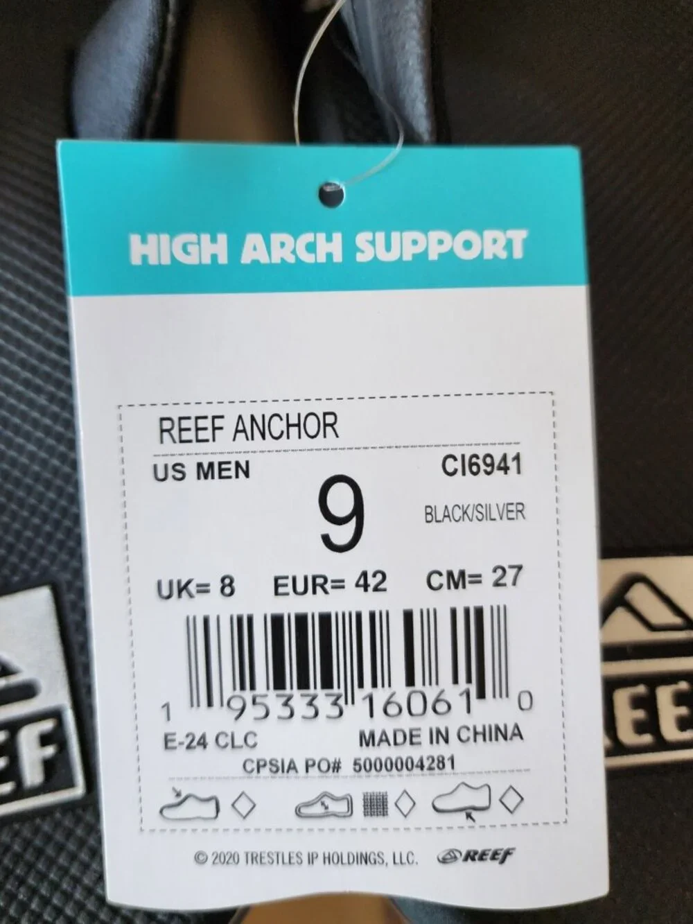 Reef Anchor High Arch Support Black/Silver Sandal Flip Flop US Men's size US 9